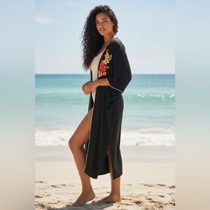 Black Floral-Embroidered Long Swim Cover-Up Kimono